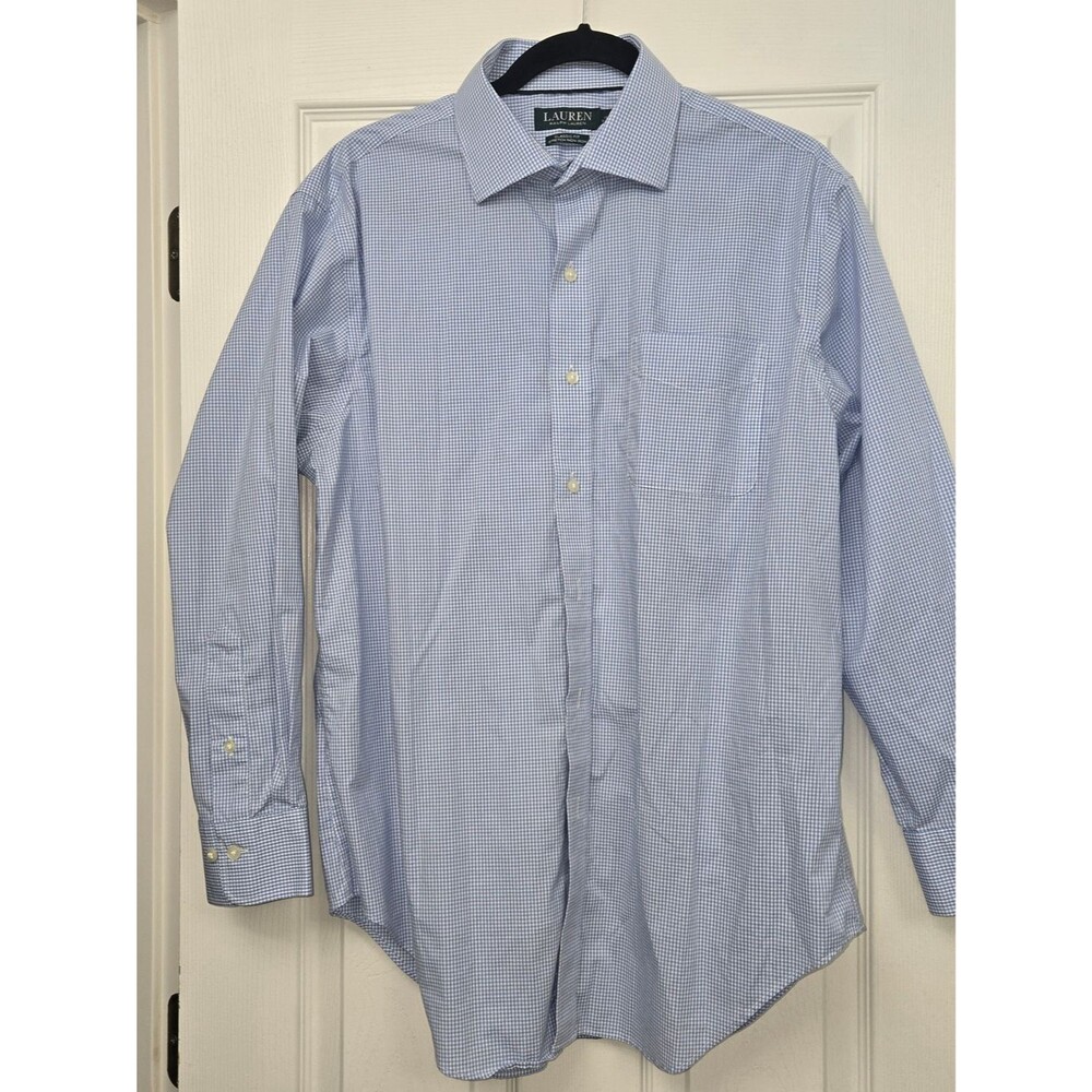 ​Lauren Ralph Lauren Blue White Gingham Stretch Non Iron Dress Shirt 16.5 32/33